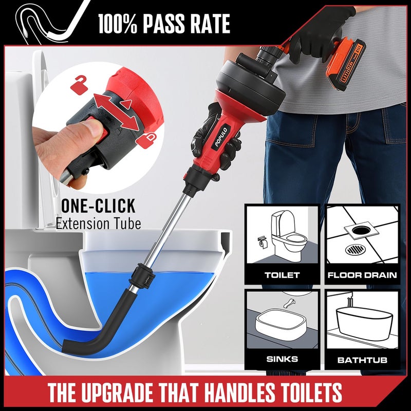 POPULO 17FT Auto Feed Drain Snake, Upgraded Toliet Auger for 3/4"-2" Pipe, Plumbing Hair Drain Clog Remover with Extension Tube for Toliet, Shower, Bathtub, Kitchen, Sink, 2025 PMDA-G2 - Image 2