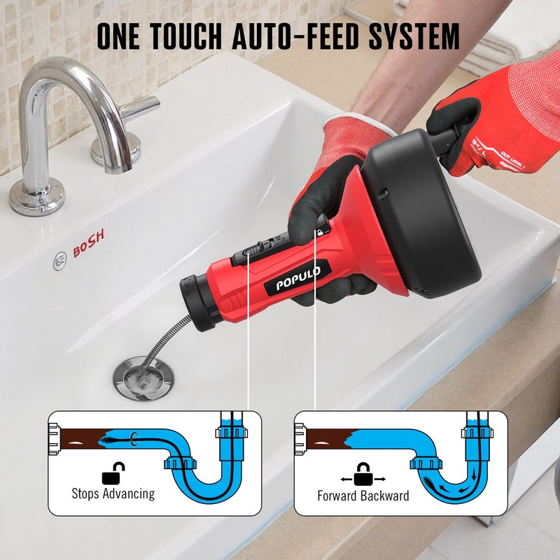 POPULO 17FT Auto Feed Drain Snake, Upgraded Toliet Auger for 3/4"-2" Pipe, Plumbing Hair Drain Clog Remover with Extension Tube for Toliet, Shower, Bathtub, Kitchen, Sink, 2025 PMDA-G2 - Image 5
