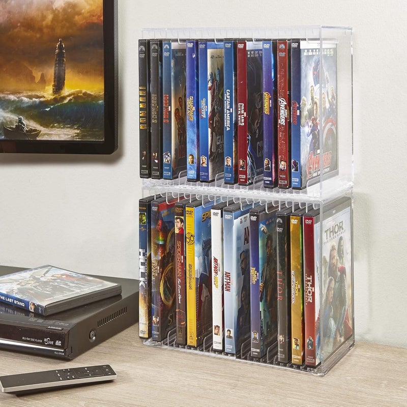 STORi منظم أقراص DVD بلاستيكي شفاف قابل للتكديس مع أقدام مطاطية | حامل مستطيل مثالي لغرفة السينما | يحمل حتى 14 علبة DVD قياسية | صنع في الولايات المتحدة الأمريكية - Image 3
