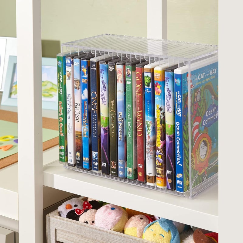 STORi منظم أقراص DVD بلاستيكي شفاف قابل للتكديس مع أقدام مطاطية | حامل مستطيل مثالي لغرفة السينما | يحمل حتى 14 علبة DVD قياسية | صنع في الولايات المتحدة الأمريكية - Image 4