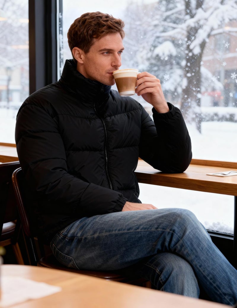 PEHMEA Menâ€™s Puffer Jacket Stand Collar Zipper Coat with Pockets Retro Bubble Outwear for Winter(Black-XL) - Image 2