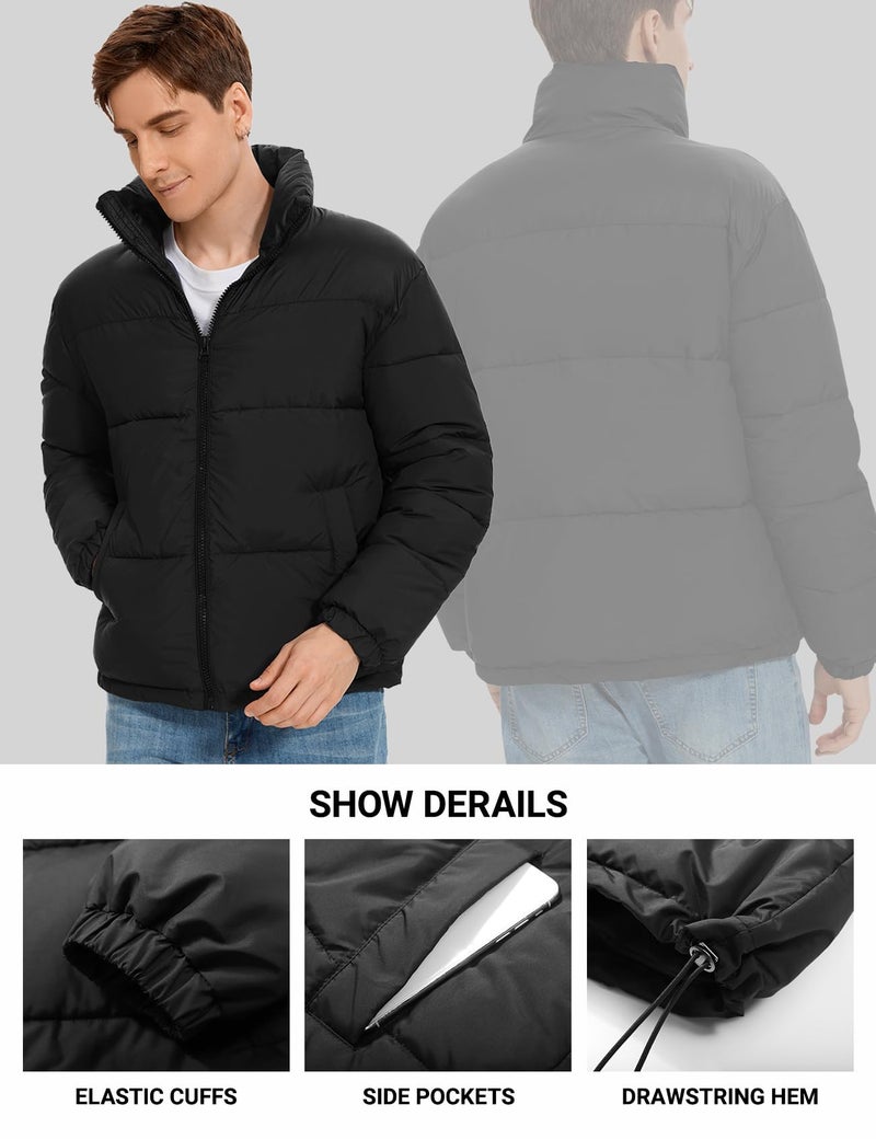 PEHMEA Menâ€™s Puffer Jacket Stand Collar Zipper Coat with Pockets Retro Bubble Outwear for Winter(Black-XL) - Image 4