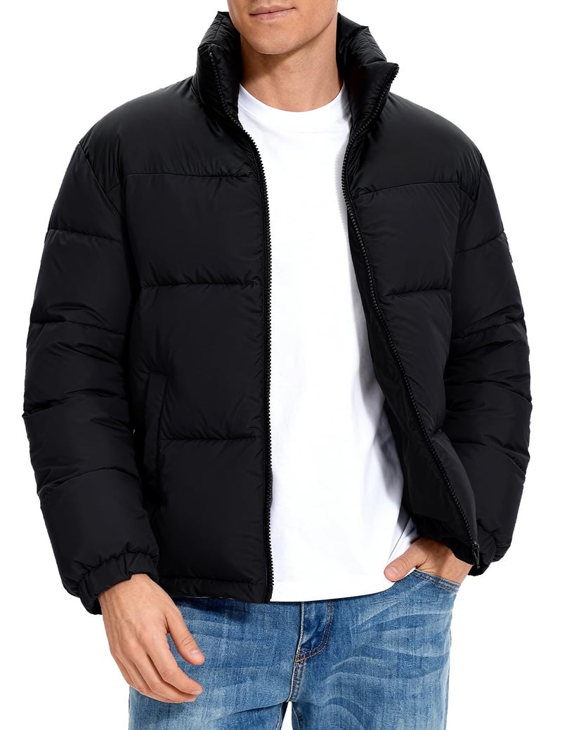 PEHMEA Menâ€™s Puffer Jacket Stand Collar Zipper Coat with Pockets Retro Bubble Outwear for Winter(Black-XL) - Image 1