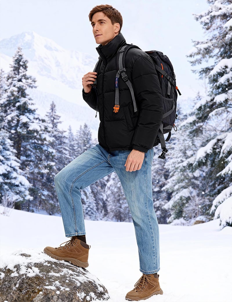 PEHMEA Menâ€™s Puffer Jacket Stand Collar Zipper Coat with Pockets Retro Bubble Outwear for Winter(Black-XL) - Image 5