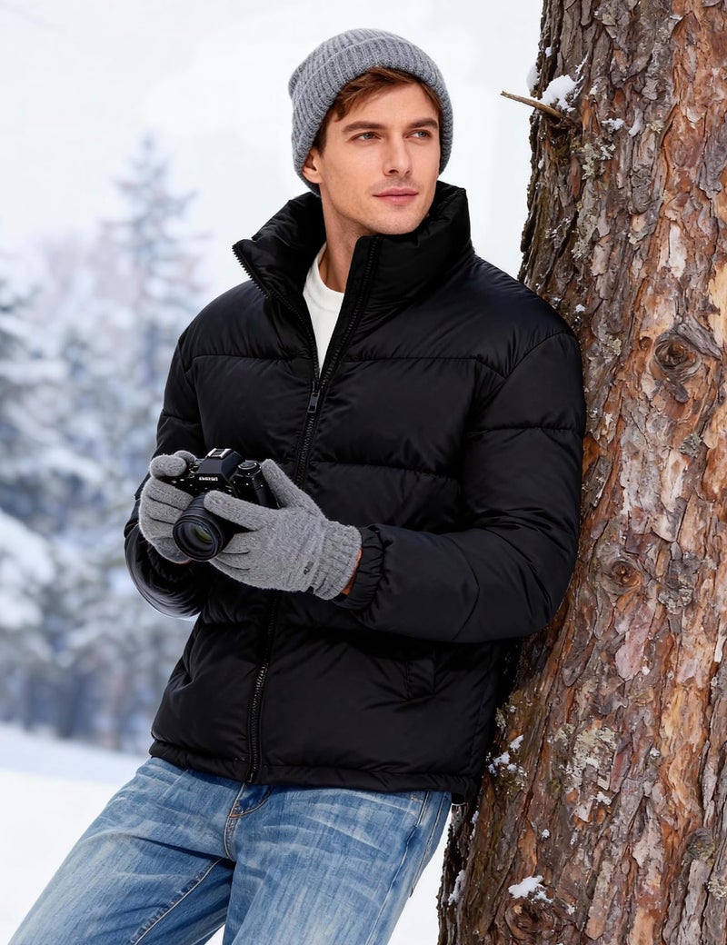 PEHMEA Menâ€™s Puffer Jacket Stand Collar Zipper Coat with Pockets Retro Bubble Outwear for Winter(Black-XL) - Image 3