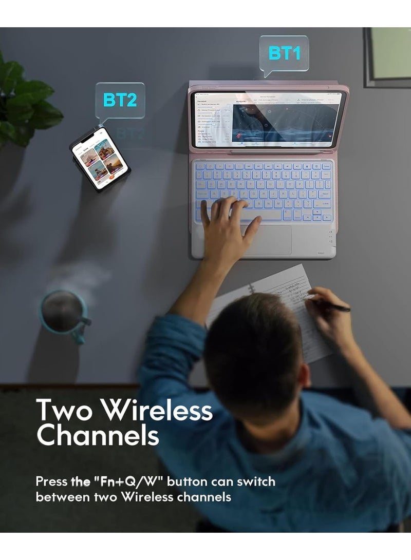 جراب لوحة مفاتيح عربي/إنجليزي لأجهزة iPad Air 11 بوصة M3/M2 (2025/2024)، وiPad Pro 11 بوصة (الجيل الرابع/الثالث/الثاني/الأول)، وiPad Air الجيل الخامس/الرابع، مع قلم، وإضاءة خلفية بسبعة ألوان، ولوحة لمس متعددة اللمس، وقناتين لاسلكيتين، لون وردي - Image 4
