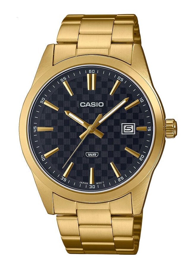 CASIO - Men Watch Analog Date Display Black Dial Stainless Steel Gold Ion Plated Case And Band MTP-VD03G-1AUDF - Image 1