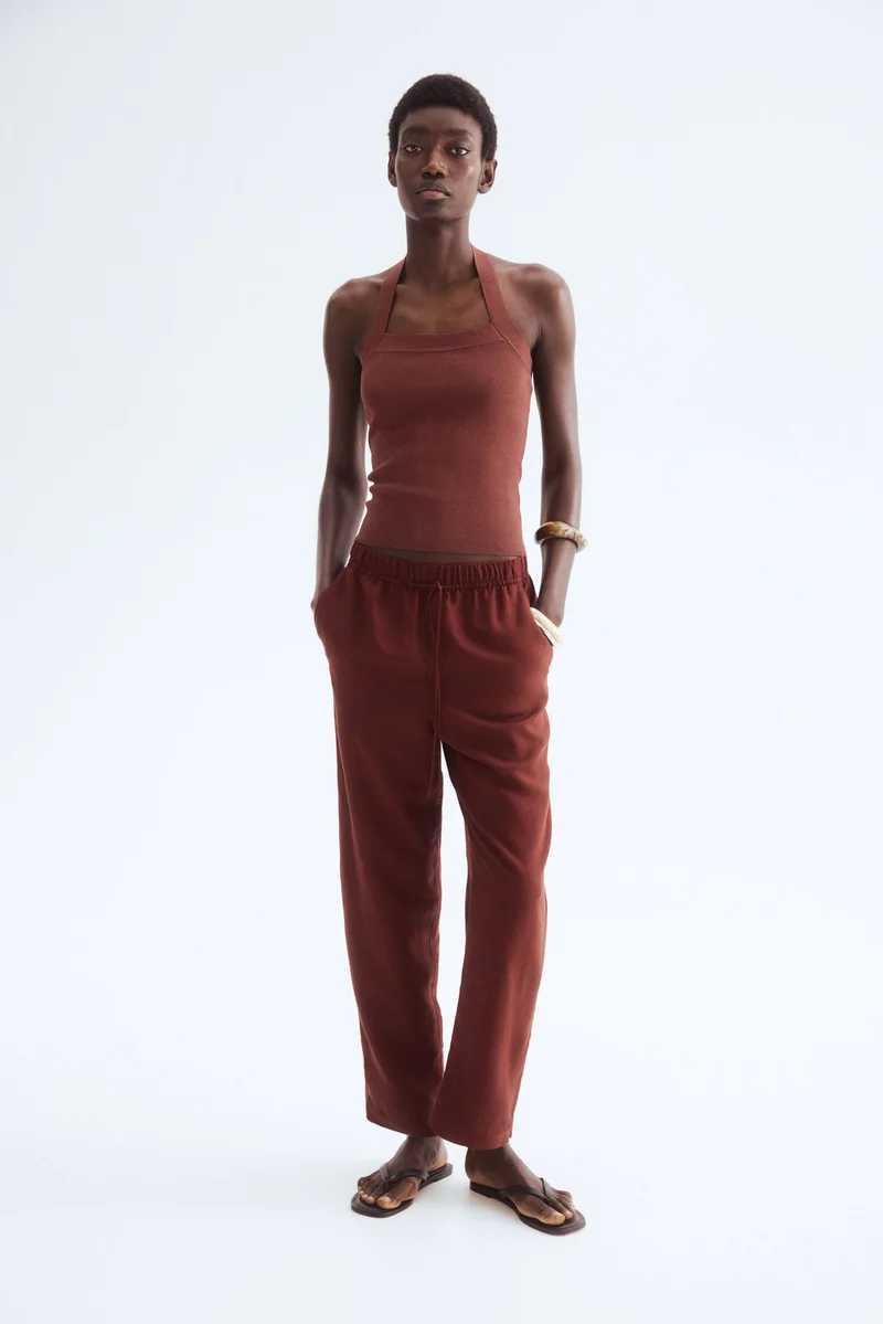 اتش اند ام بنطلون برباط من مزيج الكتان