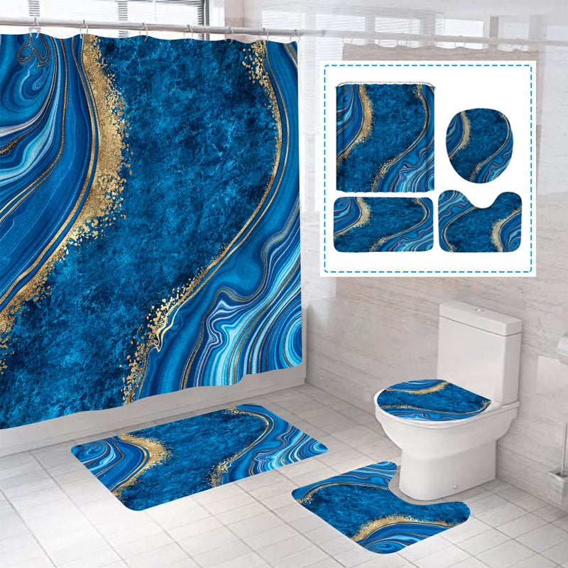beifivcl 4Pcs Luxury Marble Shower Curtain Sets Bathroom Sets with Shower Curtain Toilet Lid Rug Bath Mat and Contour Mat Shower Curtain with 12 Hooks for Bathroom Set Decor 72 x 72 Inch Blue