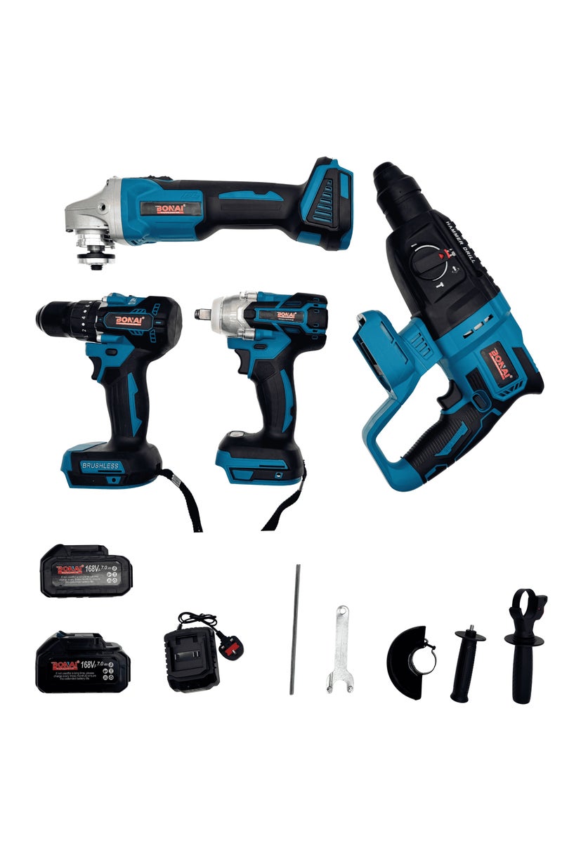 BONAI BN-HK47 Cordless Brushless Tool Kit with Drill, Impact Wrench, Hammer Drill, Grinder, 2 Li-Ion Batteries, Charger and Accessories for Wood, Metal, Concrete, Carpentry and Repair Work - Image 1