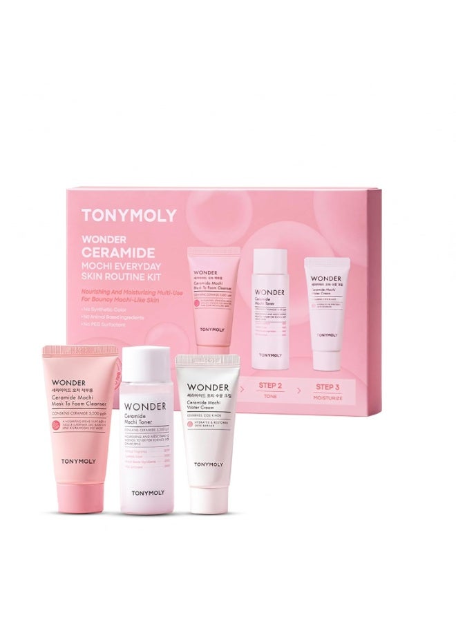 توني مولي مجموعة TONYMOLY Wonder Ceramide Mochi للعناية اليومية بالبشرة - طقم هدايا كوري مصغر مكون من 3 قطع (منظف يتحول من قناع إلى رغوة، وتونر حليبي، وكريم مائي) - روتين بحجم مناسب للسفر لترميم حاجز البشرة الجافة والحساسة. - Image 1