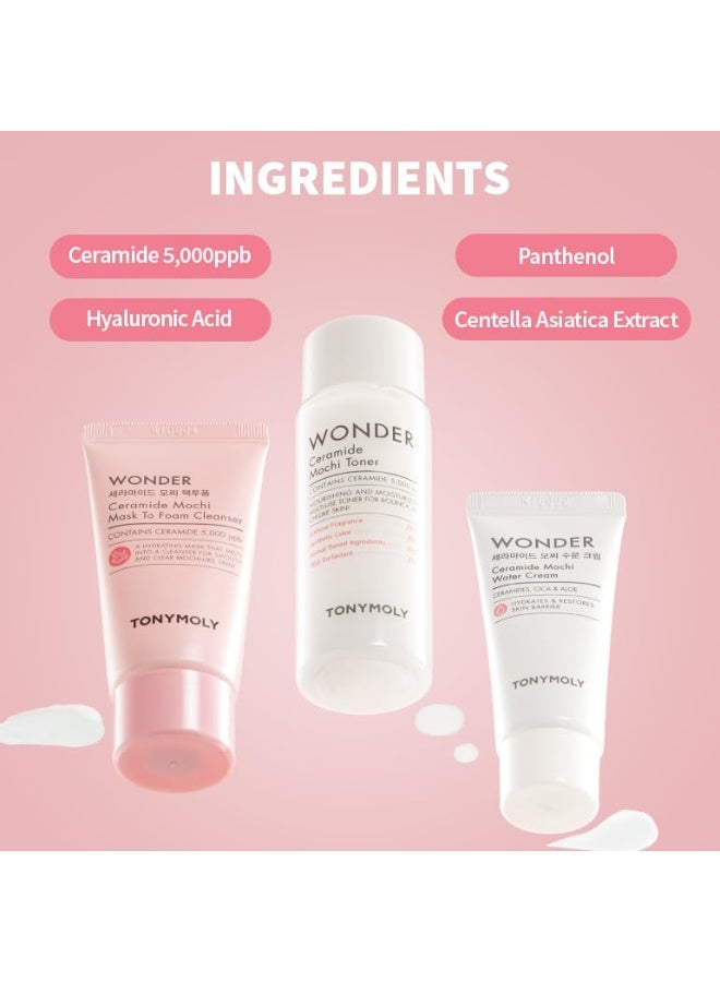توني مولي مجموعة TONYMOLY Wonder Ceramide Mochi للعناية اليومية بالبشرة - طقم هدايا كوري مصغر مكون من 3 قطع (منظف يتحول من قناع إلى رغوة، وتونر حليبي، وكريم مائي) - روتين بحجم مناسب للسفر لترميم حاجز البشرة الجافة والحساسة. - Image 2