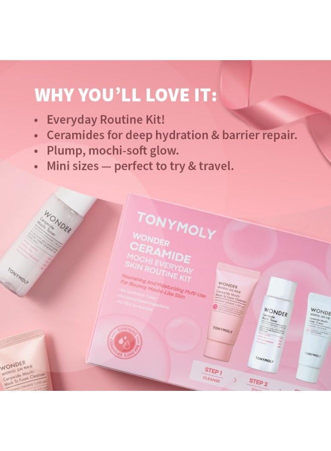 توني مولي مجموعة TONYMOLY Wonder Ceramide Mochi للعناية اليومية بالبشرة - طقم هدايا كوري مصغر مكون من 3 قطع (منظف يتحول من قناع إلى رغوة، وتونر حليبي، وكريم مائي) - روتين بحجم مناسب للسفر لترميم حاجز البشرة الجافة والحساسة. - Image 3