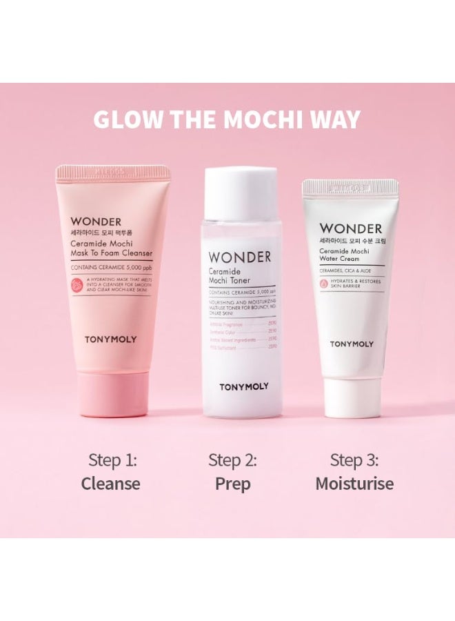 توني مولي مجموعة TONYMOLY Wonder Ceramide Mochi للعناية اليومية بالبشرة - طقم هدايا كوري مصغر مكون من 3 قطع (منظف يتحول من قناع إلى رغوة، وتونر حليبي، وكريم مائي) - روتين بحجم مناسب للسفر لترميم حاجز البشرة الجافة والحساسة. - Image 4