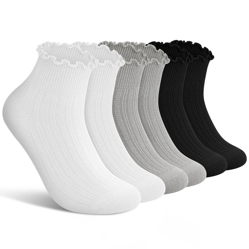 wernies Ruffle Socks Womens 6 Pairsï¼ŒCute Ankle Lettuce Edge Frilly Athletic Crew Socks 5-8.5 Black White Gray - Image 1