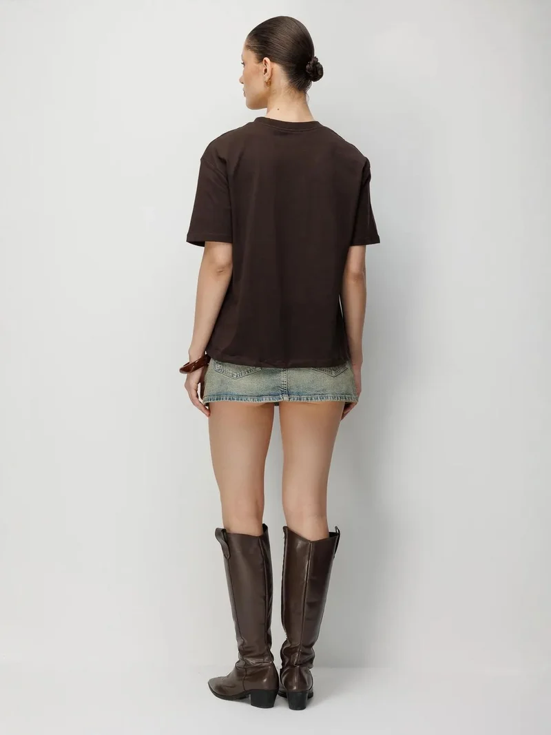 Mixray Coffee Brown MIXRAY Oversized Ribbed Crew Neck T-Shirt for Women | Best Price UAE