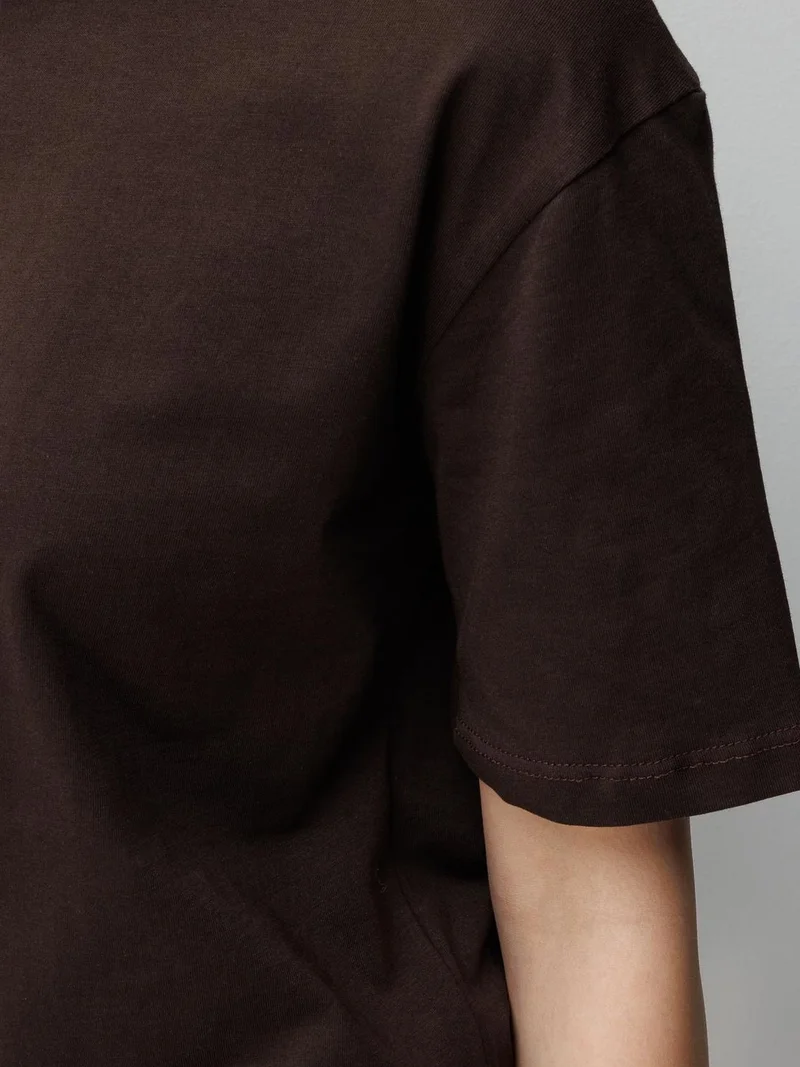 Mixray Coffee Brown MIXRAY Oversized Ribbed Crew Neck T-Shirt for Women | Best Price UAE