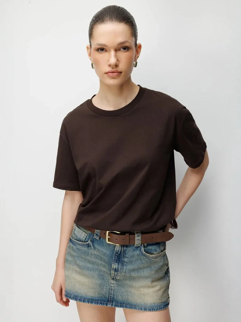 Mixray Coffee Brown MIXRAY Oversized Ribbed Crew Neck T-Shirt for Women | Best Price UAE