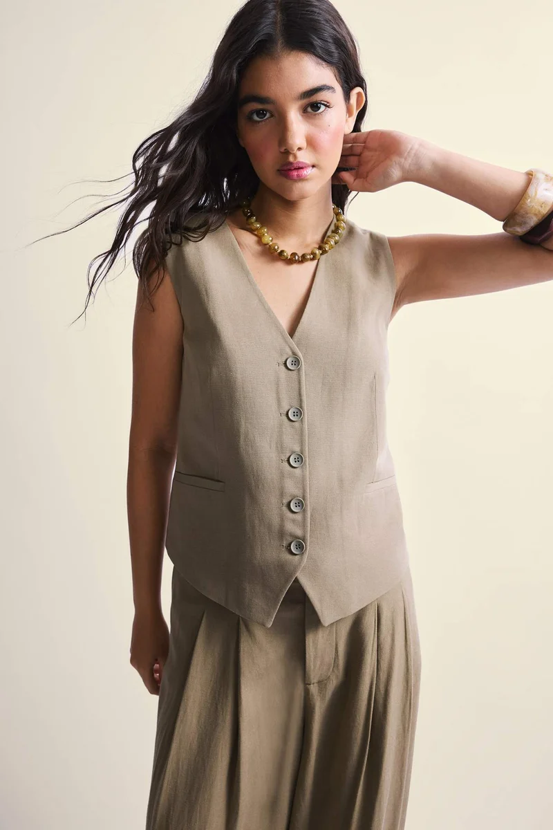 Defacto Regular Fit V-Neck Linen Blended Vest