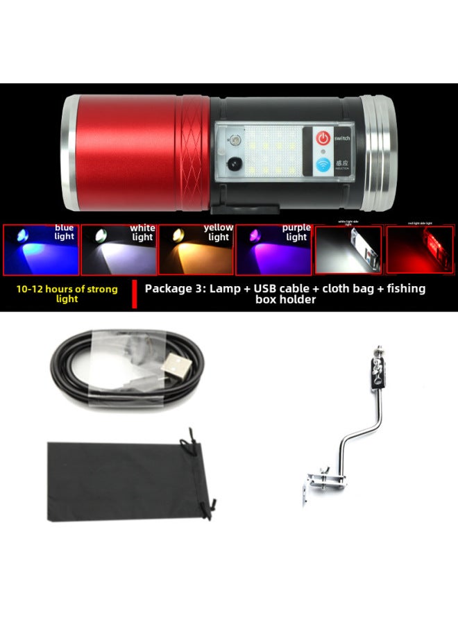 Bright LED High Power Night Fishing Lights Induction USB Rechargeable Blue Light Flashlight Fishing Lights-Color:Package 3: Lamp + Line + Cloth Bag + Fishing Box Bracket  - Image 1