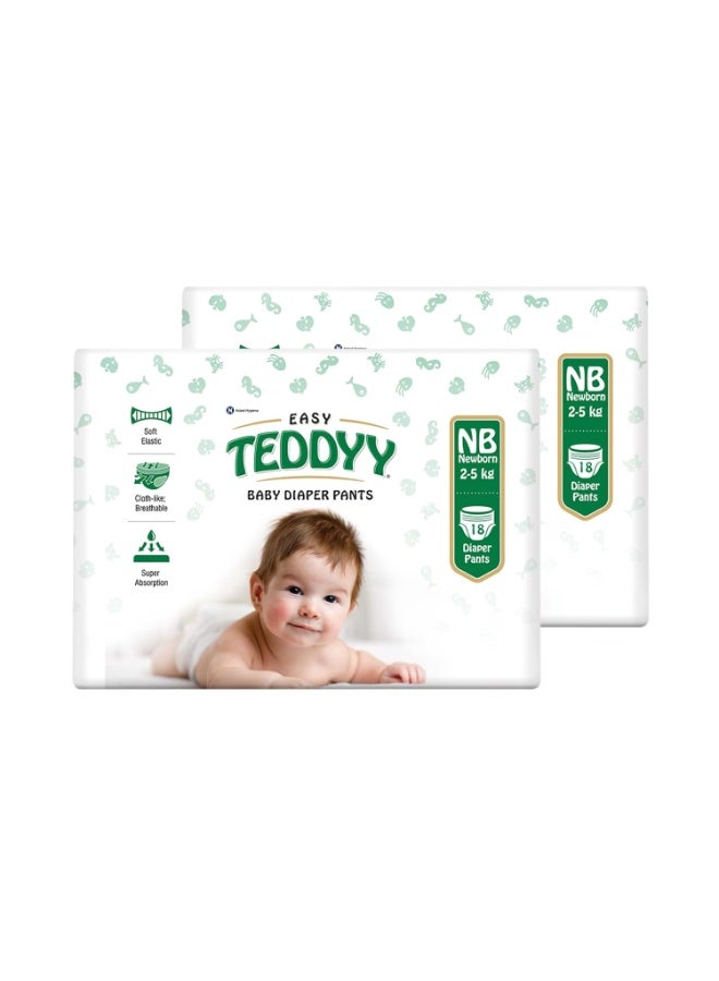 TEDDYY Easy Baby NB Size Diaper Pant Style | 18 Count (New Born) | Upto 5 kgs (Pack of 2) | Long Protection Hours | Anti-Bacterial | Airy Breathable Fit | Rapid Soaker Channels with Wetness Indicator - Image 1