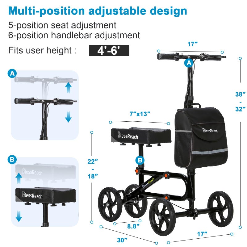 BlessReach Economy Knee Scooter Steerable Knee Walker for Foot Injuries Compact Crutch Alternative with Dual Braking System (Black) - Image 3