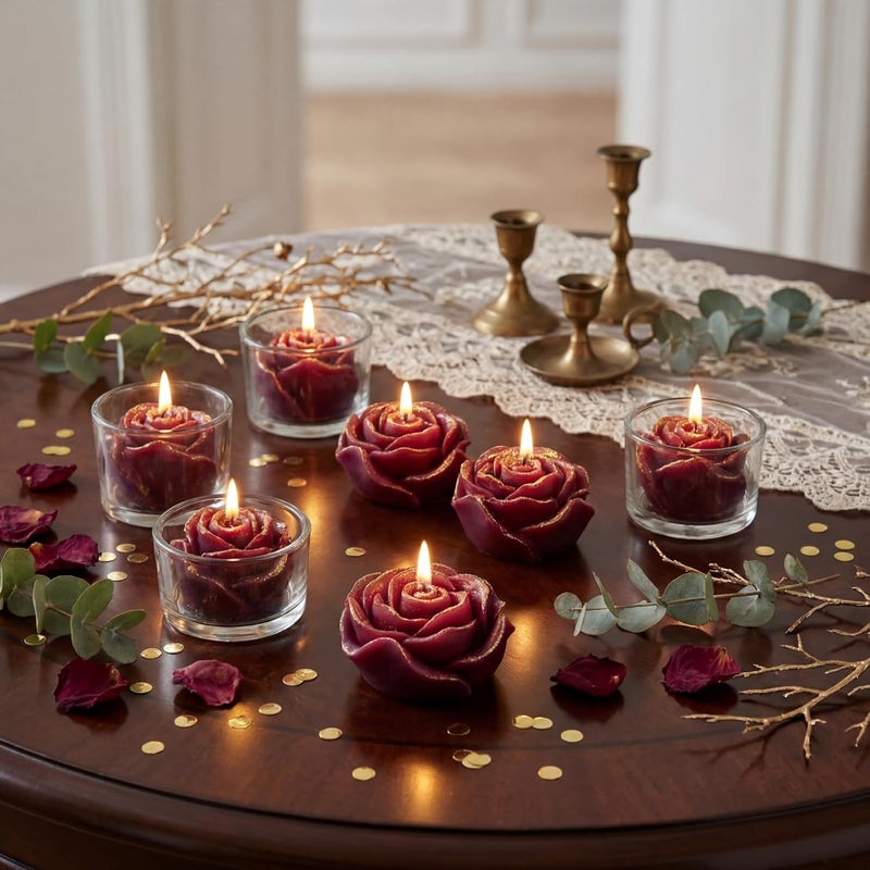Treela 24 Set Flower Candles Wedding Favor for Guests Mini Dark Red Rose Shaped Tealight Candles for Return Gift Wedding Birthday Bridal Shower Housewarming Party - Image 4