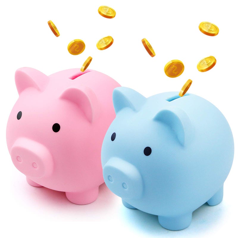 Fireboomoon 2 Pack Plastic Cute Pig Money BankUnbreakable Piggy Saving Money Box Coin Bank for Boys Girls Kids Adults Home DecorationBlue and Pink - Image 1