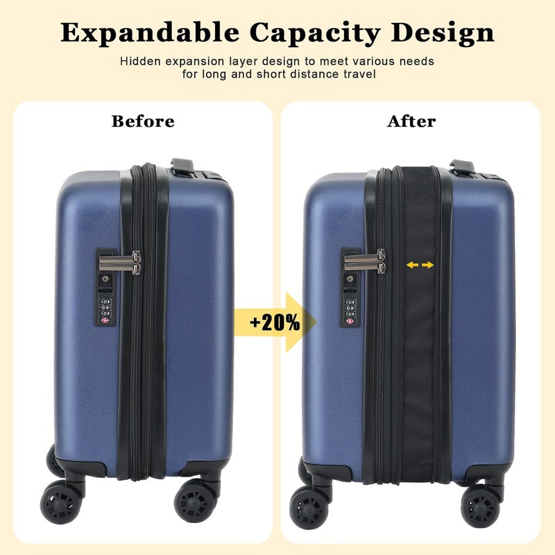 CENSIEN 16 Inch Underseat Carry On Luggage Airline Approved, Expandable Lightweight ABS+PC Hard Shell Suitcases with 360Â° Spinner Wheels, TSA Lock, YKK Zipper, for Business Weekender (Blue, 1 PC) - Image 2