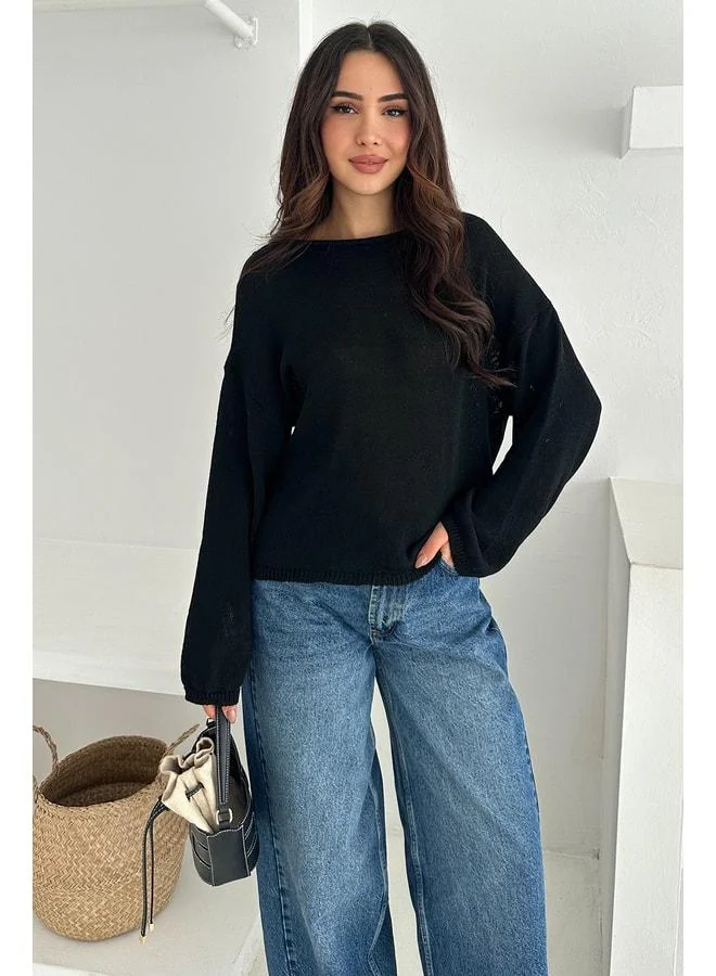 Noa Noa Women's Off-Shoulder Loose Knit Sweater – Soft Elegance - Black (Standart)