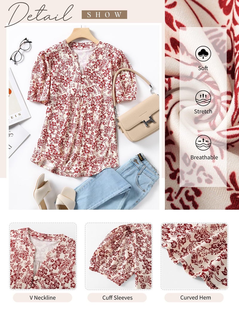 IECCP Business Casual Tops for Women Summer Puff Short Sleeve Blouses Dressy Shirts Trendy V-Neck Basic Tees Loose Fit Tunic (Black White Flower,S) - Image 5