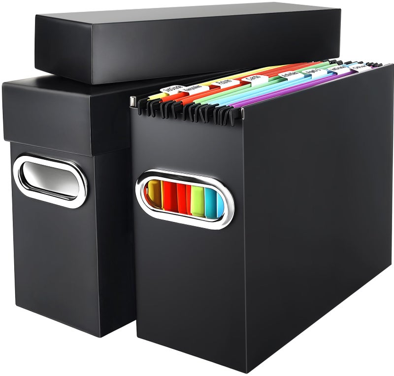 Naleyber File Organizer Box with Lid & Handle, Thickened Cardboard Hanging File Folder Storage Boxes for Letter Size, Portable Filing Organizer for Office, Home, Classroom, Black 2 Pack - Image 1