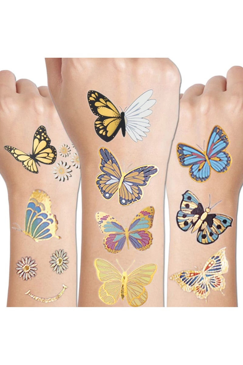 قوس قزح أورينبو 6 أوراق وشم الفراشة اللامعة المعدنية للفتيات - 93 قطعة من وشم الفراشة الذهبية اللامعة المؤقتة لتزيين هدايا الحفلات - Image 1