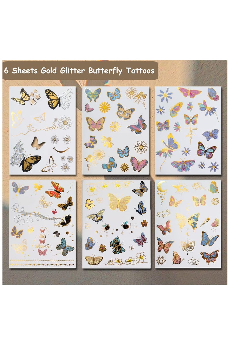 قوس قزح أورينبو 6 أوراق وشم الفراشة اللامعة المعدنية للفتيات - 93 قطعة من وشم الفراشة الذهبية اللامعة المؤقتة لتزيين هدايا الحفلات - Image 2