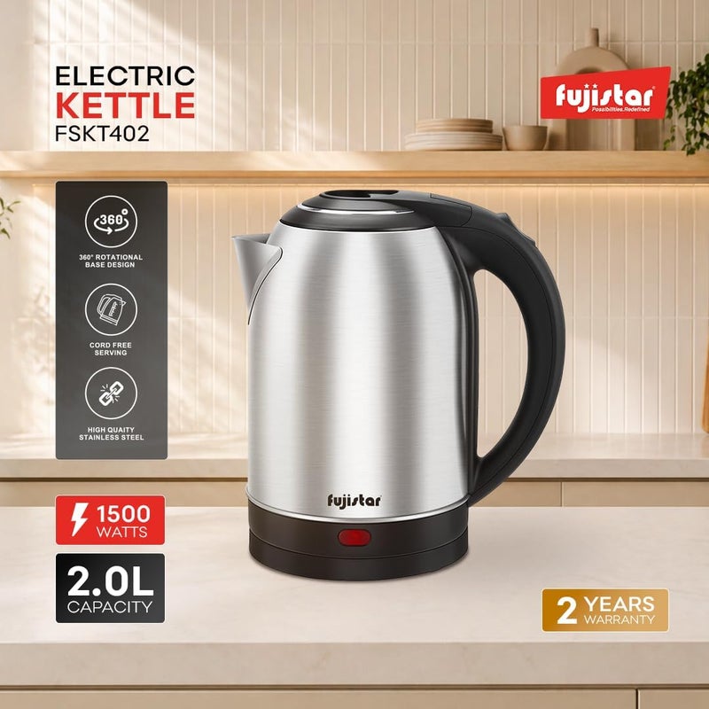 Fujistar Electric Kettle FSKT402, 2.0L Capacity, 1500W, Stainless Steel, Auto Shut-Off, 360° Rotational Base, Silver/Black - Image 2