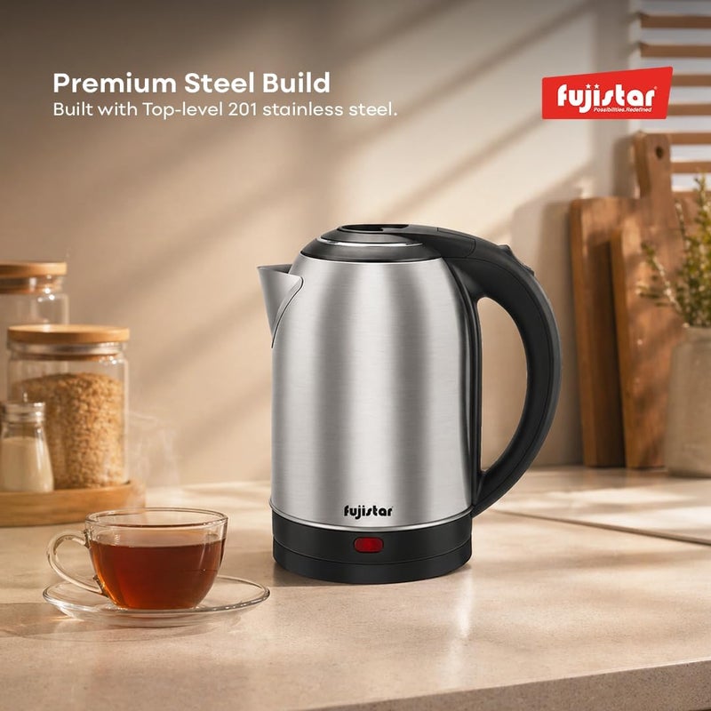 Fujistar Electric Kettle FSKT402, 2.0L Capacity, 1500W, Stainless Steel, Auto Shut-Off, 360° Rotational Base, Silver/Black - Image 3