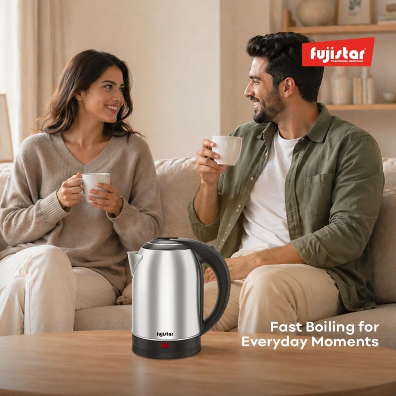 Fujistar Electric Kettle FSKT402, 2.0L Capacity, 1500W, Stainless Steel, Auto Shut-Off, 360° Rotational Base, Silver/Black - Image 4