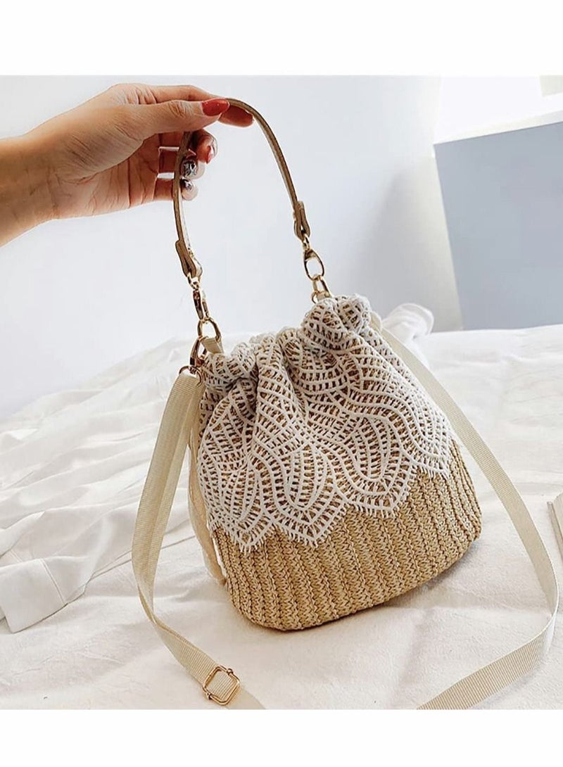 Straw Bags Ladies Fashion Hand Woven Bucket Straw Bag Small Beach Hand Woven Shoulder Bag Handbag - Image 2