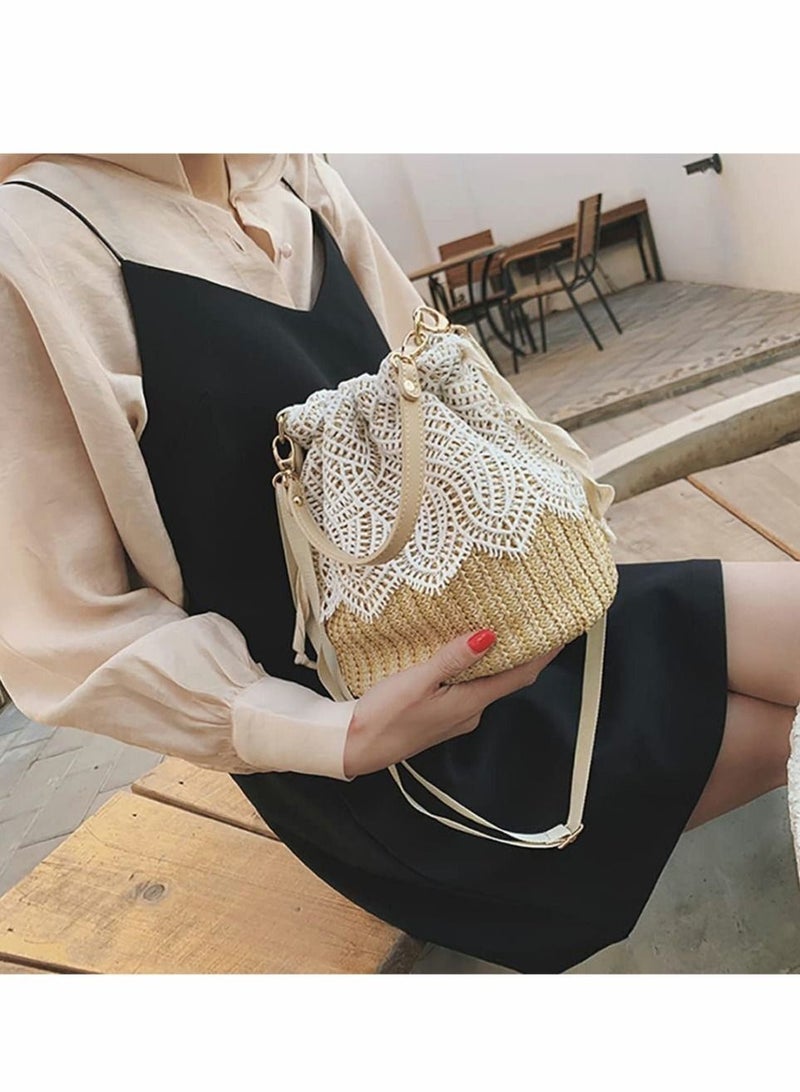Straw Bags Ladies Fashion Hand Woven Bucket Straw Bag Small Beach Hand Woven Shoulder Bag Handbag - Image 5