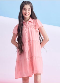 Stylo Bug Solid Tiered Mini Dress with Short Sleeves by Styli  - Image 2
