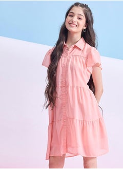 Stylo Bug Solid Tiered Mini Dress with Short Sleeves by Styli  - Image 3