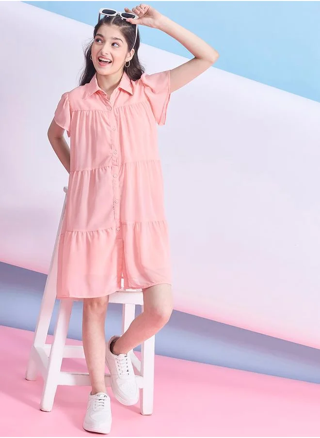 Stylo Bug Solid Tiered Mini Dress with Short Sleeves by Styli
