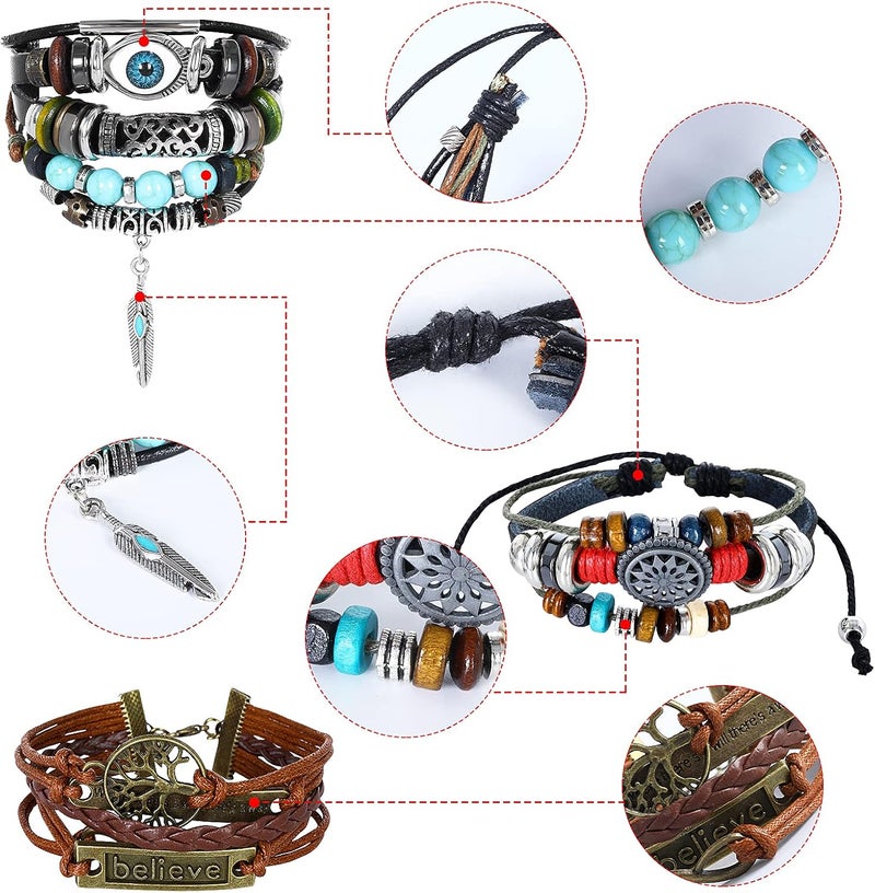 كلاراكو مجموعة من 3 قطع من الأساور الجلدية متعددة الطبقات بتصميم بوهيمي عتيق، قابلة للتكديس، مزينة بالخرز، مع سوار مجوف منحوت عليه عين شريرة، منسوج يدويًا، مناسب للرجال والنساء، قابل للتعديل - Image 4