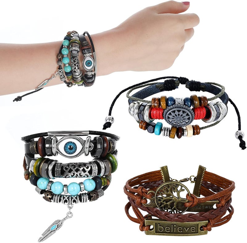 كلاراكو مجموعة من 3 قطع من الأساور الجلدية متعددة الطبقات بتصميم بوهيمي عتيق، قابلة للتكديس، مزينة بالخرز، مع سوار مجوف منحوت عليه عين شريرة، منسوج يدويًا، مناسب للرجال والنساء، قابل للتعديل - Image 3