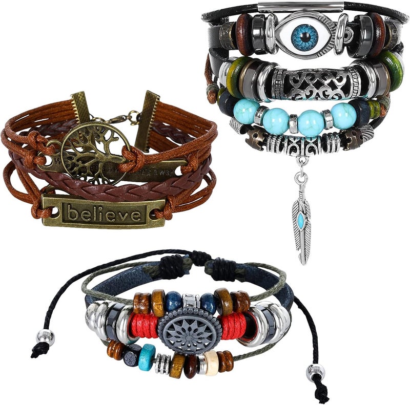 كلاراكو مجموعة من 3 قطع من الأساور الجلدية متعددة الطبقات بتصميم بوهيمي عتيق، قابلة للتكديس، مزينة بالخرز، مع سوار مجوف منحوت عليه عين شريرة، منسوج يدويًا، مناسب للرجال والنساء، قابل للتعديل - Image 1