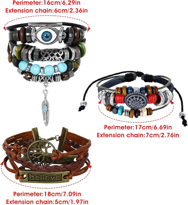 كلاراكو مجموعة من 3 قطع من الأساور الجلدية متعددة الطبقات بتصميم بوهيمي عتيق، قابلة للتكديس، مزينة بالخرز، مع سوار مجوف منحوت عليه عين شريرة، منسوج يدويًا، مناسب للرجال والنساء، قابل للتعديل - Image 2