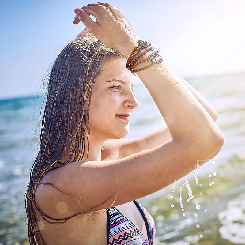 كلاراكو مجموعة من 3 قطع من الأساور الجلدية متعددة الطبقات بتصميم بوهيمي عتيق، قابلة للتكديس، مزينة بالخرز، مع سوار مجوف منحوت عليه عين شريرة، منسوج يدويًا، مناسب للرجال والنساء، قابل للتعديل - Image 5