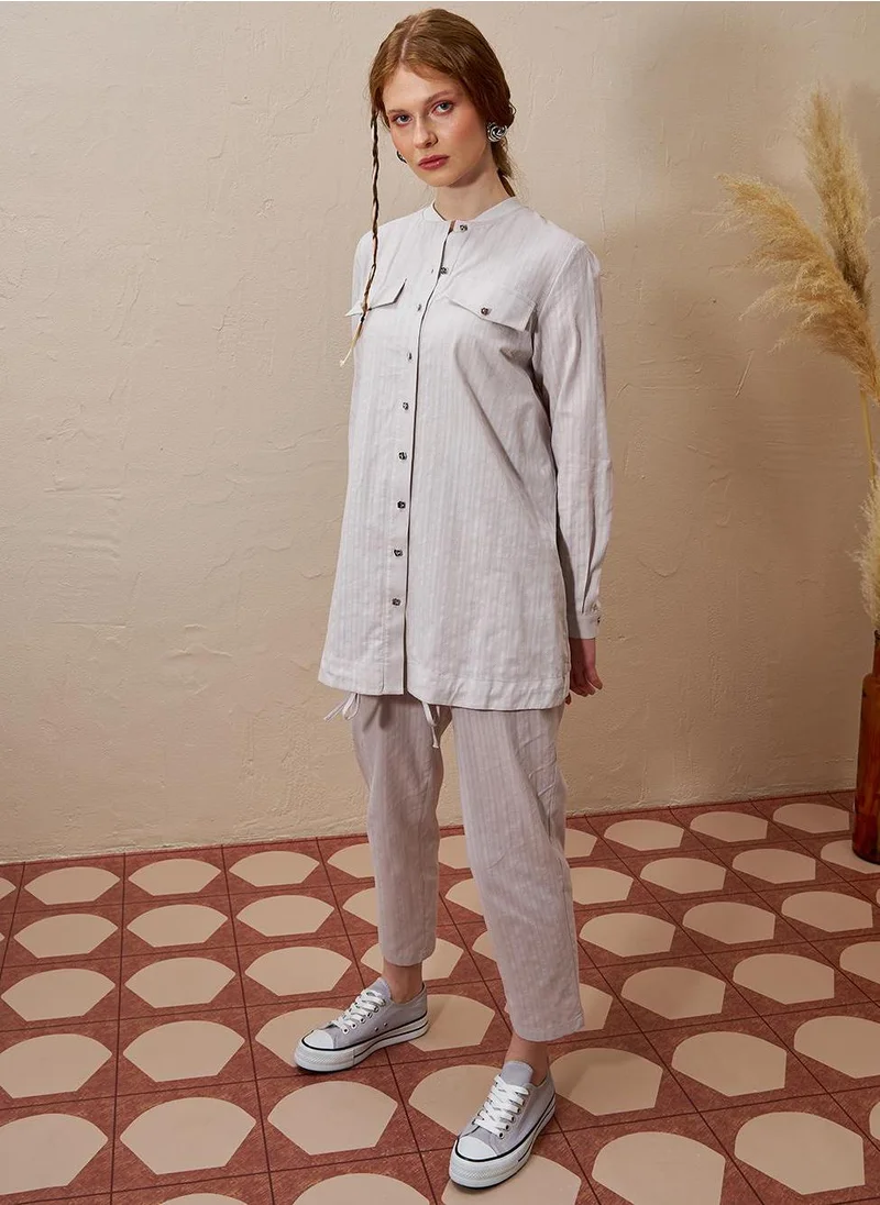 Kayra Cotton Double-Bow Pocketed Two-Piece Suit Light Gray