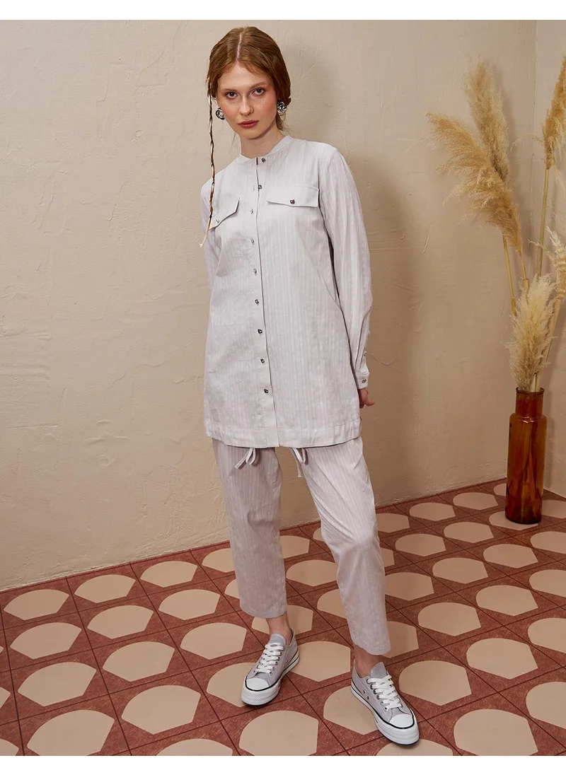 Kayra Cotton Double-Bow Pocketed Two-Piece Suit Light Gray