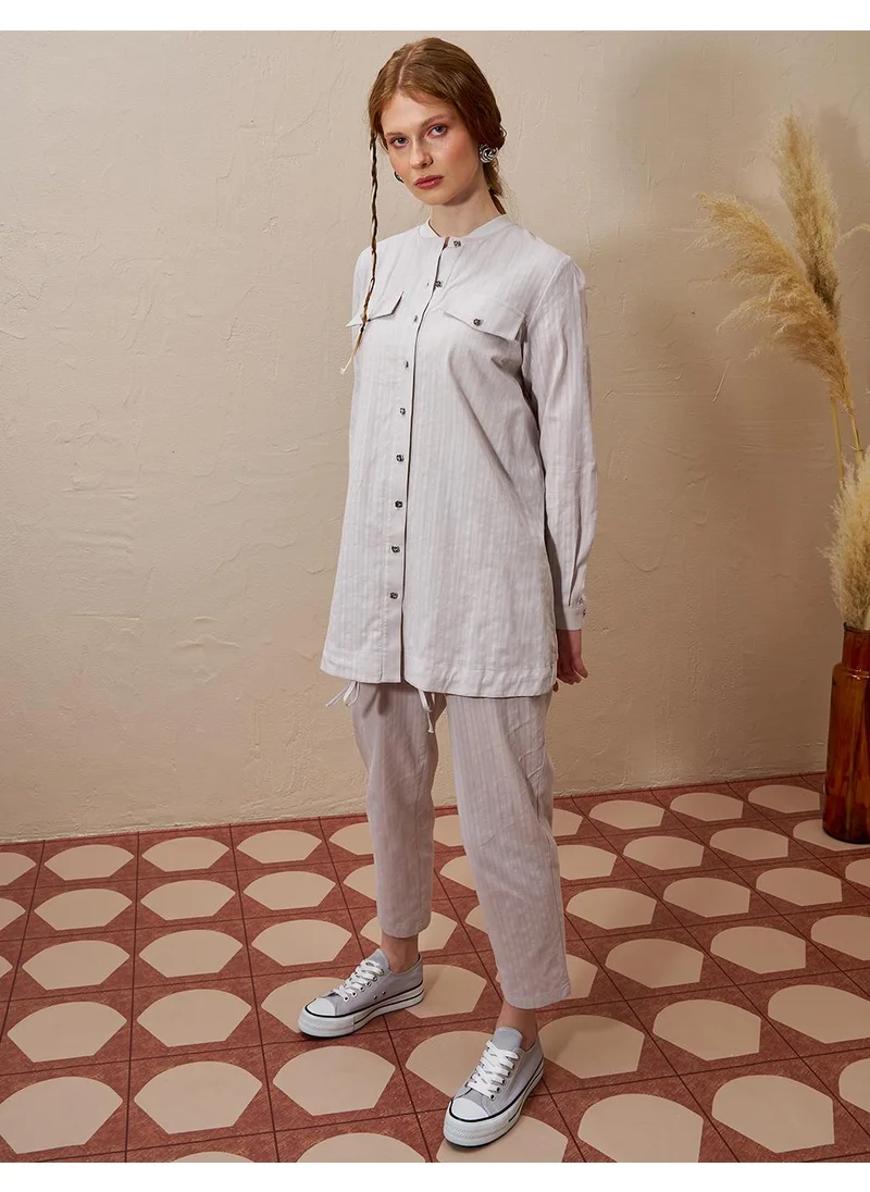 Kayra Cotton Double-Bow Pocketed Two-Piece Suit Light Gray